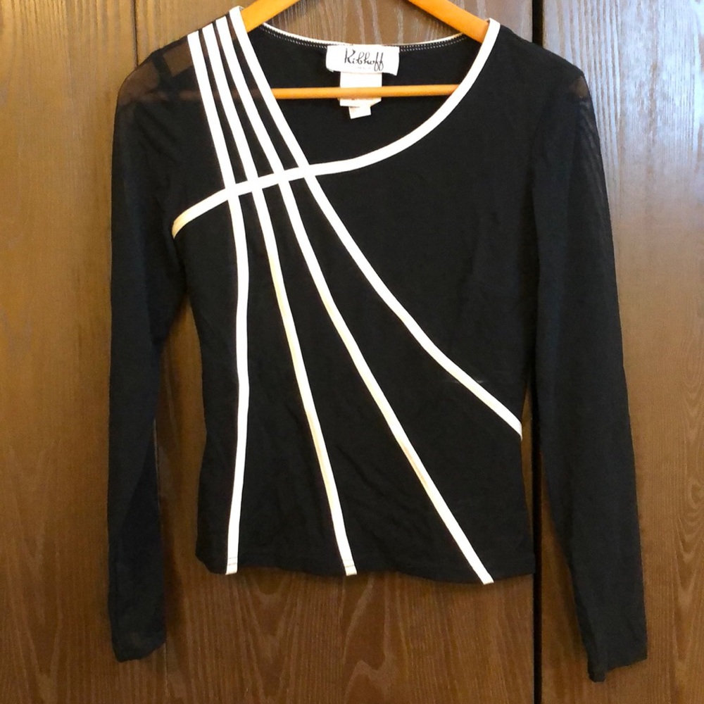 JOSEPH RIBKOFF B/W SIZE 4 TOP LONG SHEER SLEEVE ASYMMETRICAL NECKLINE - #027